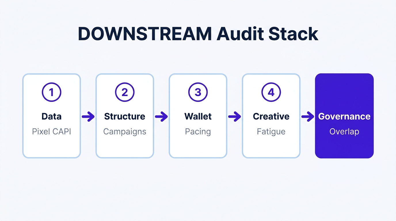 DOWNSTREAM Audit Stack — five layers from data to governance