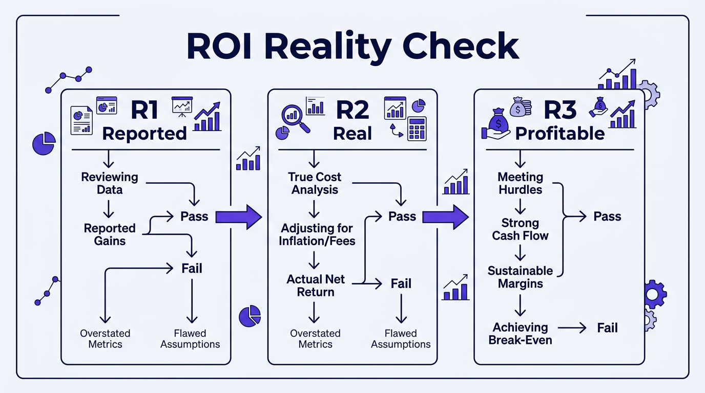 ROI Reality Check three-gate diagnostic for Facebook ads