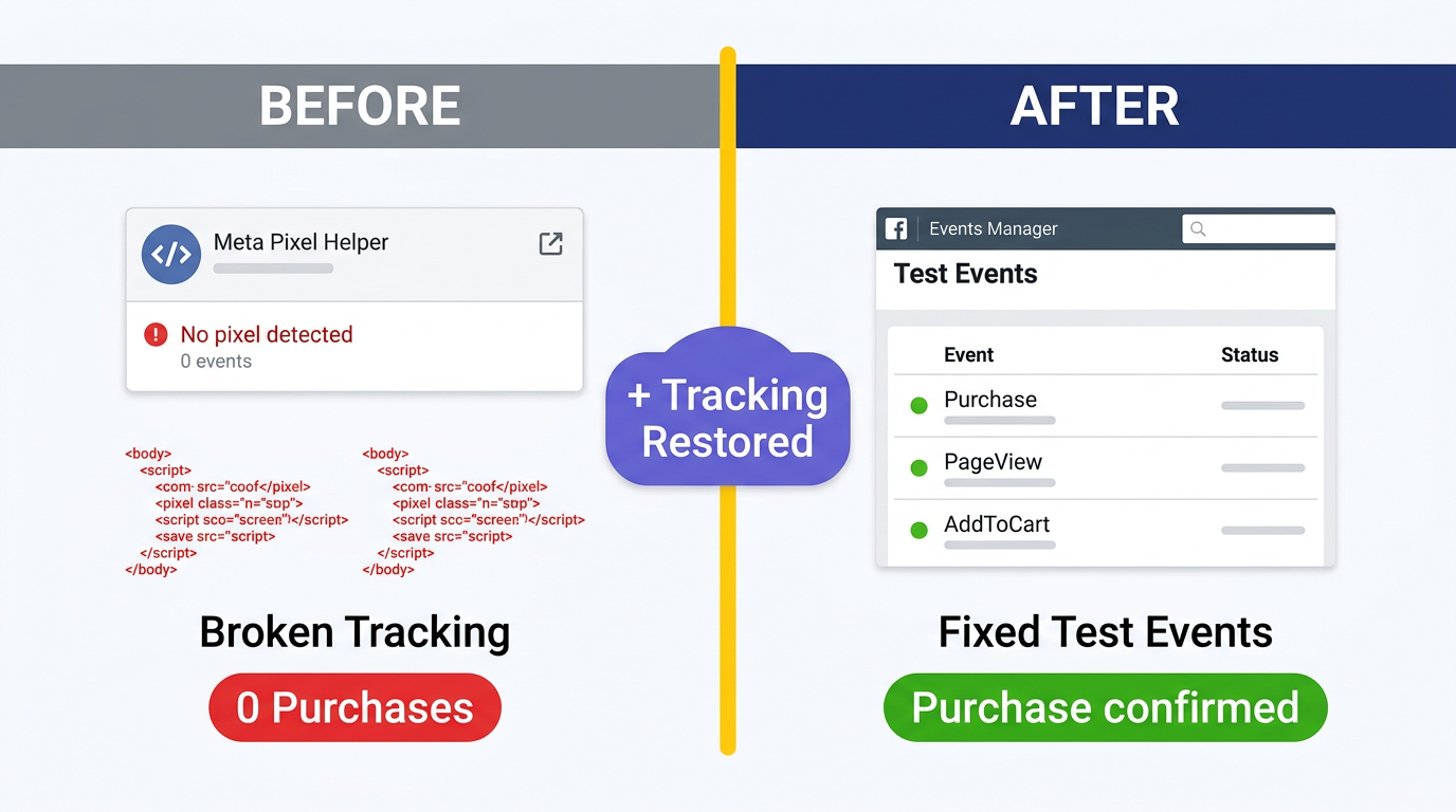 Broken pixel tracking vs fixed Test Events confirmation — before and after workflow