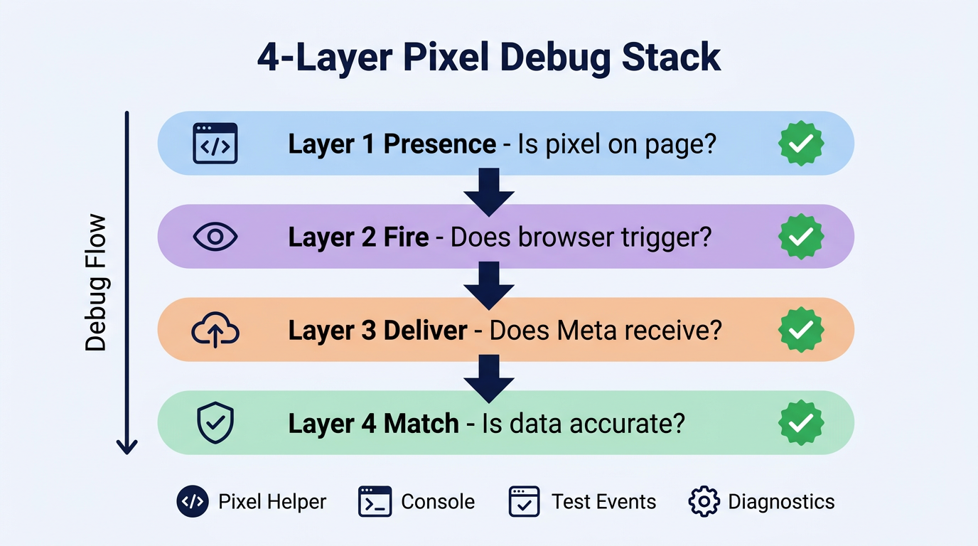4-Layer Pixel Debug Stack — Presence, Fire, Deliver, Match diagnostic sequence