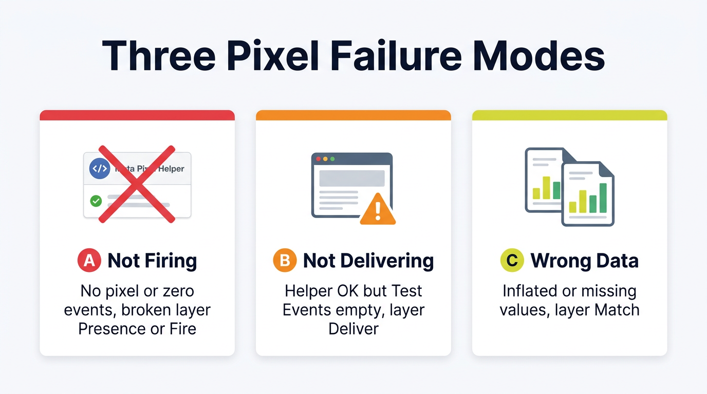 Three pixel failure modes — Not Firing, Not Delivering, Wrong Data diagnosis cards