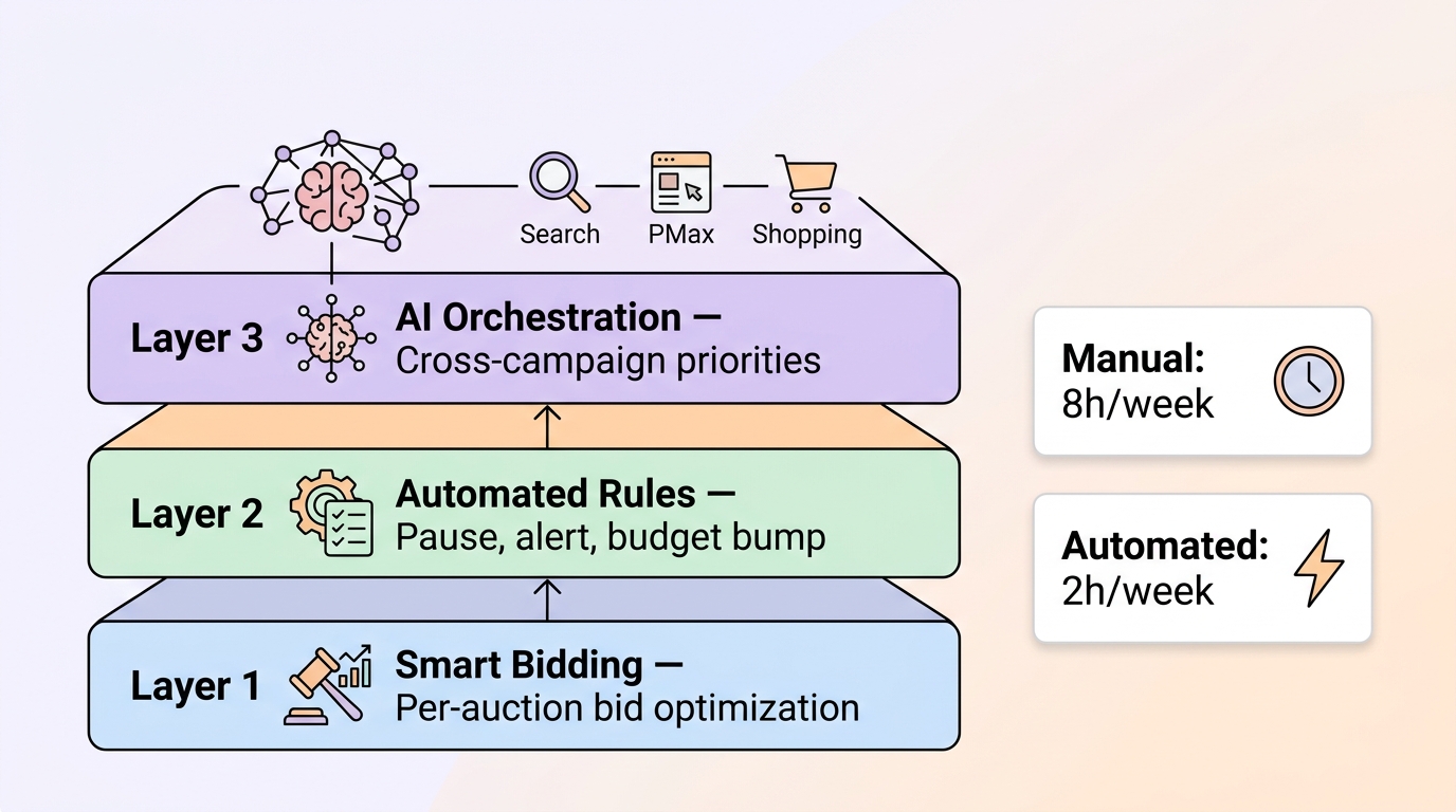 Google Ads automation layers: smart bidding, rules, and AI orchestration stacked for full coverage