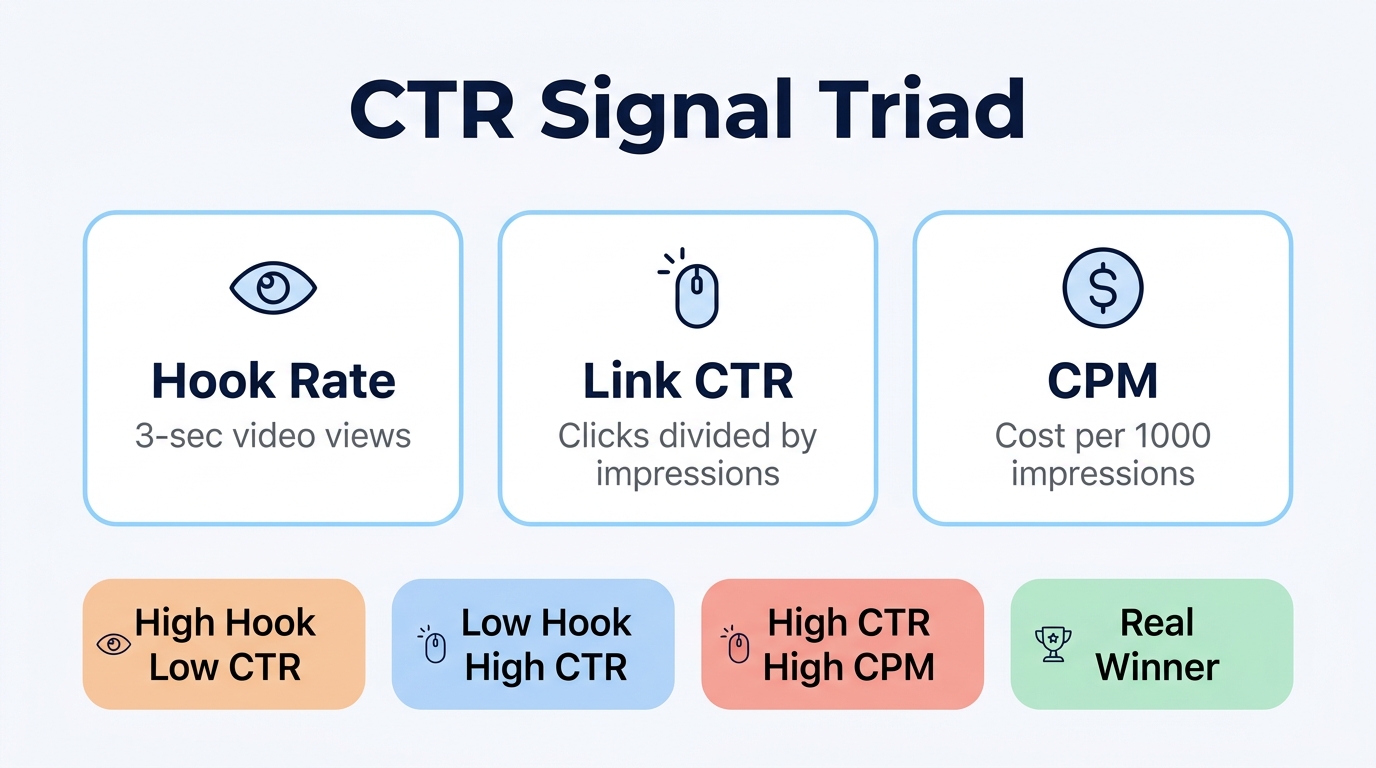 CTR Signal Triad — hook rate, link CTR, and CPM diagnosis patterns
