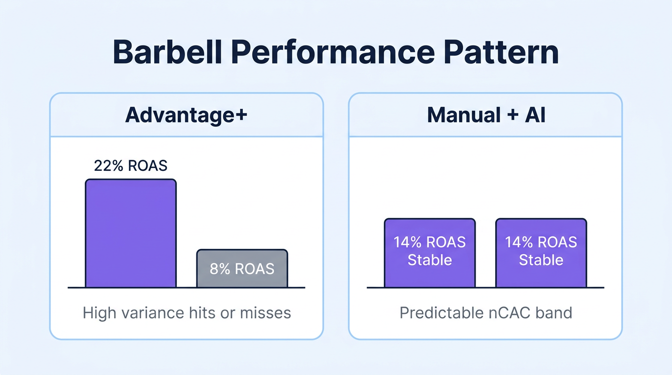 Barbell performance pattern — Advantage+ campaigns cluster at high or low ROAS extremes