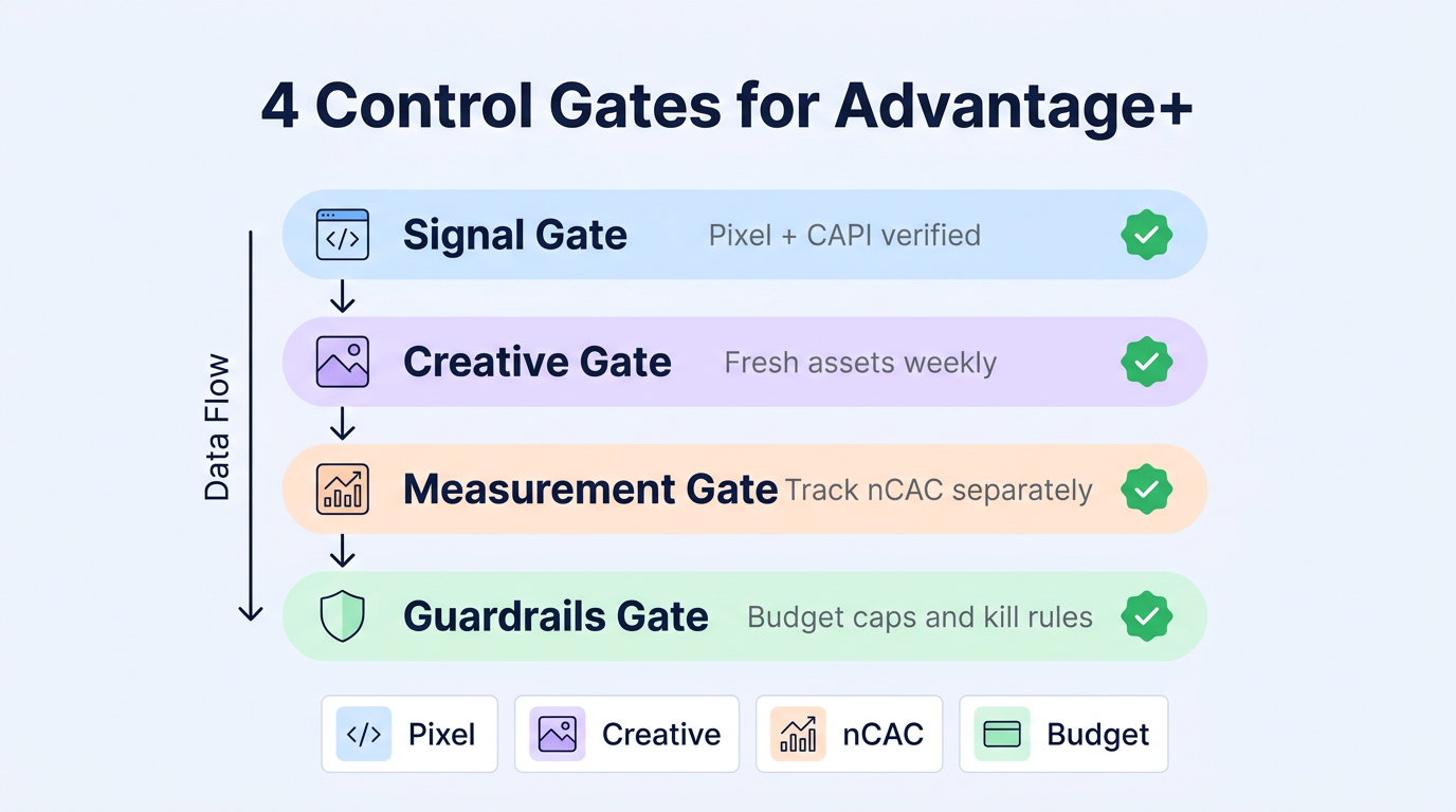 4 Control Gates — signal, creative, measurement, guardrails before scaling Advantage+