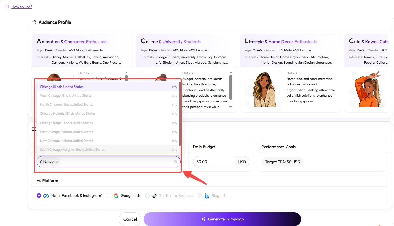 AdsGo region targeting interface — select specific geographic areas for your campaigns